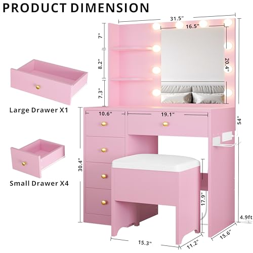 White Vanity Desk with Mirror and Lights, 5 Drawers, and Stool H68551