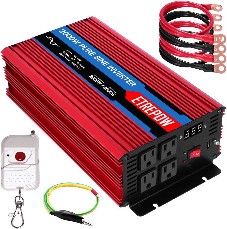 2000 Watt Pure Sine Wave Power Inverter 12V DC to 110V AC Wireless Remote Control M16466
