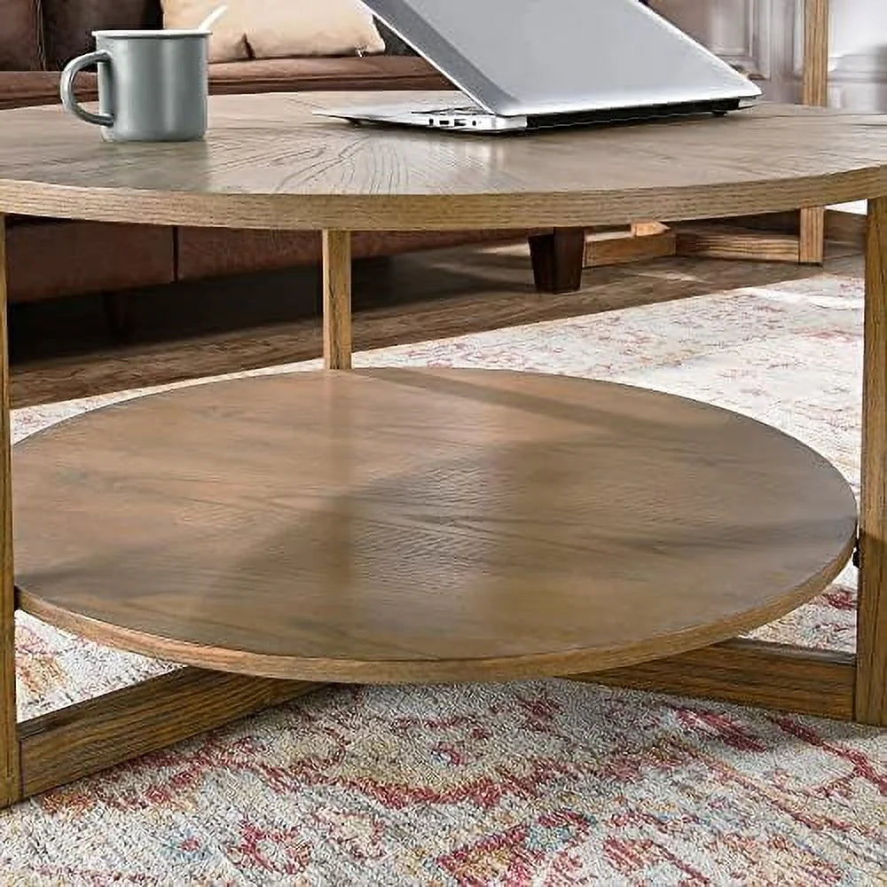 Round Solid Wood Coffee Table Yellowish Brown D928