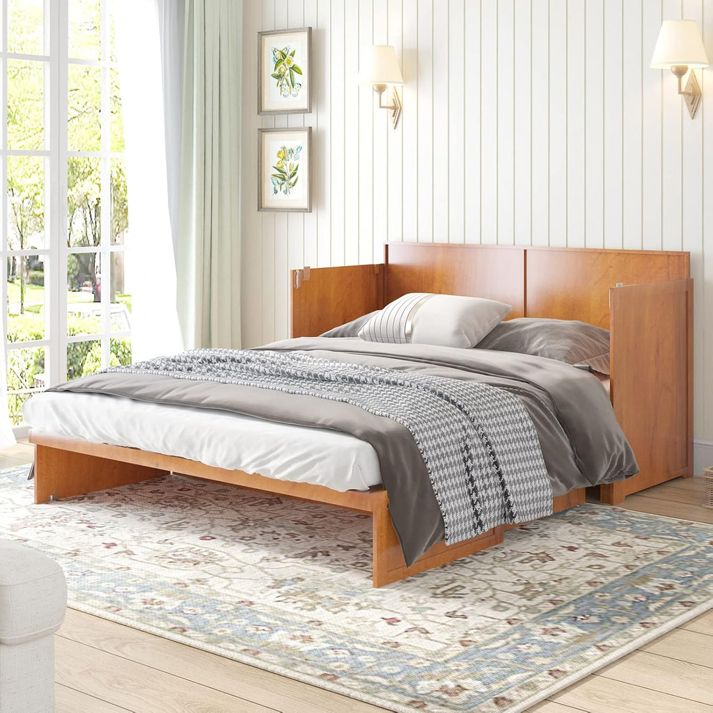 Cherry Murphy Cabinet Bed with Built-in USB Power Strip & 2 Drawers C9539