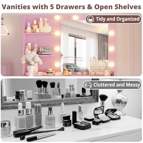 White Vanity Desk with Mirror and Lights, 5 Drawers, and Stool H68551