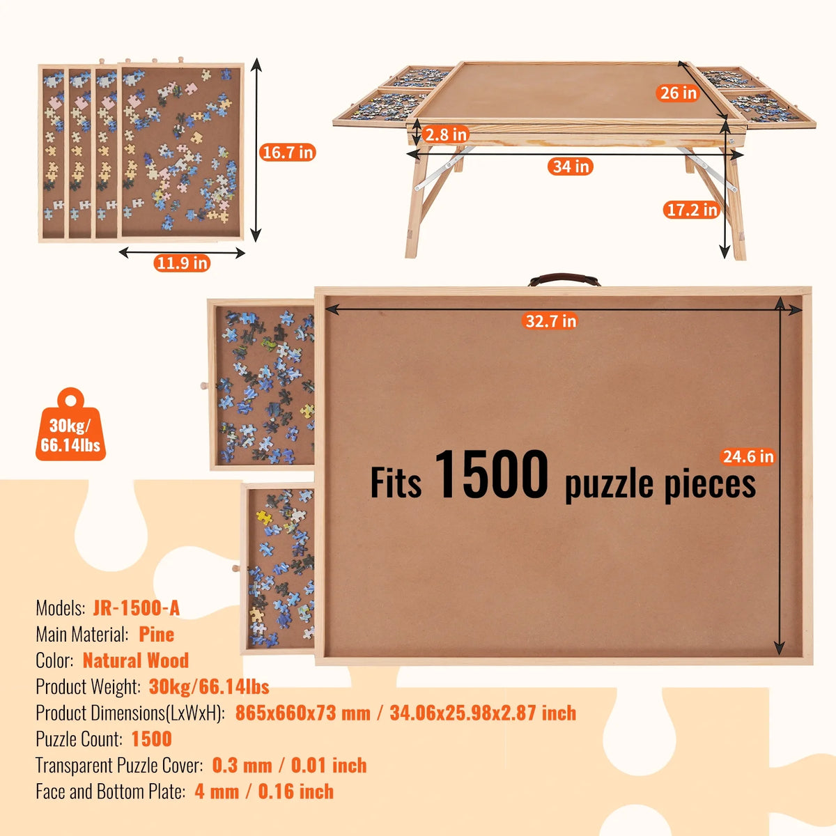 1500 Piece Puzzle Board with Folding Legs & 4 Sliding Drawers 32.7" x 24.6" Wooden Jigsaw Puzzle Table P24829
