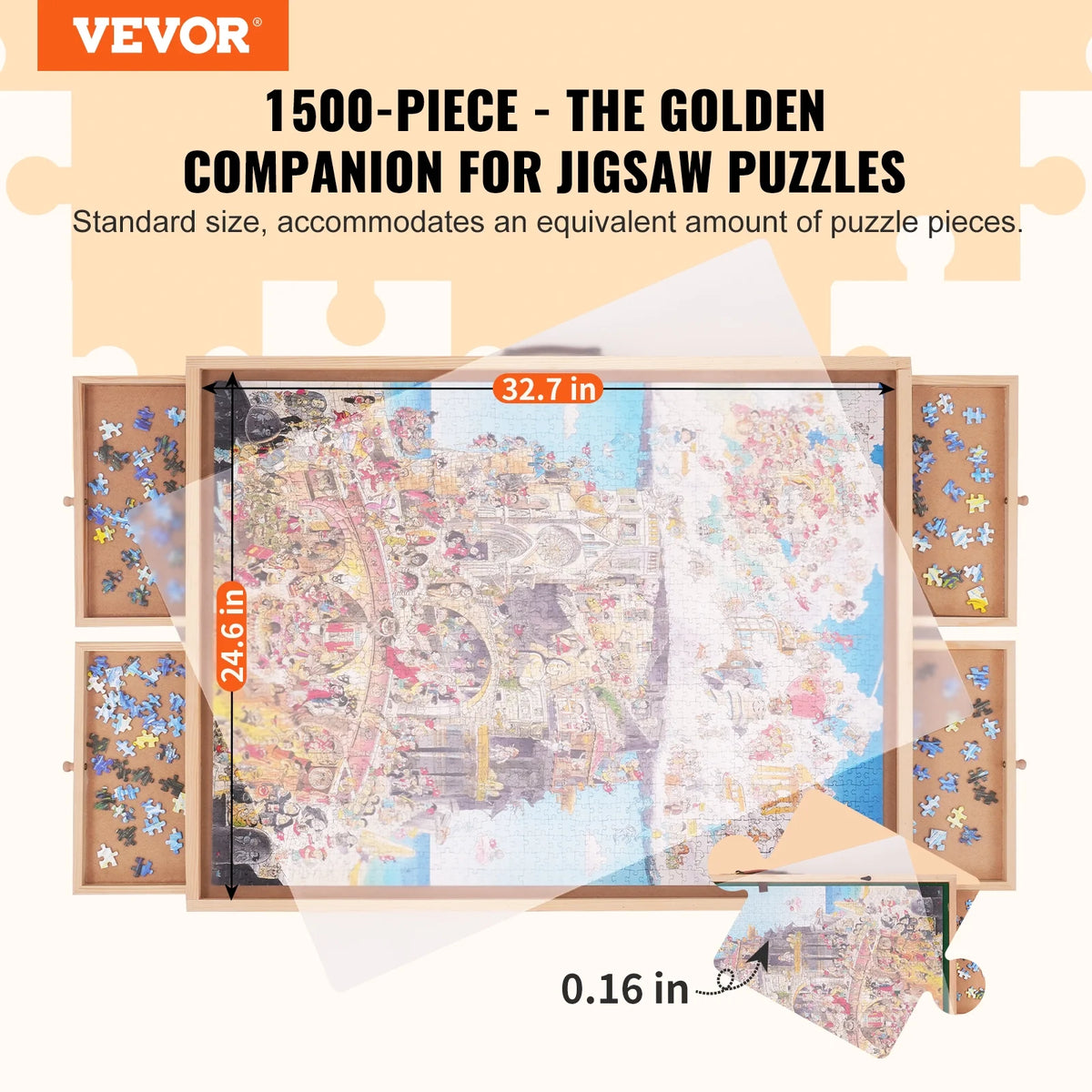 1500 Piece Puzzle Board with Folding Legs & 4 Sliding Drawers 32.7" x 24.6" Wooden Jigsaw Puzzle Table P24829