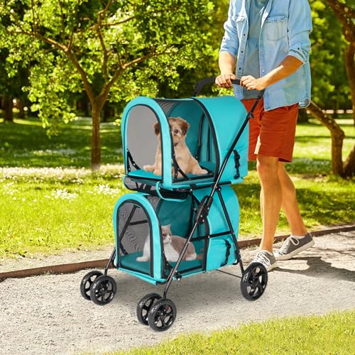 Grey Double Pet Stroller with 4 Wheels and 2 Detachable Carrier Cages B2258