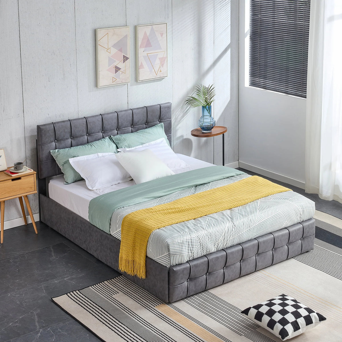 Queen Size Grey Upholstered Platform Bed Frame with 4 Storage Drawers Q43052