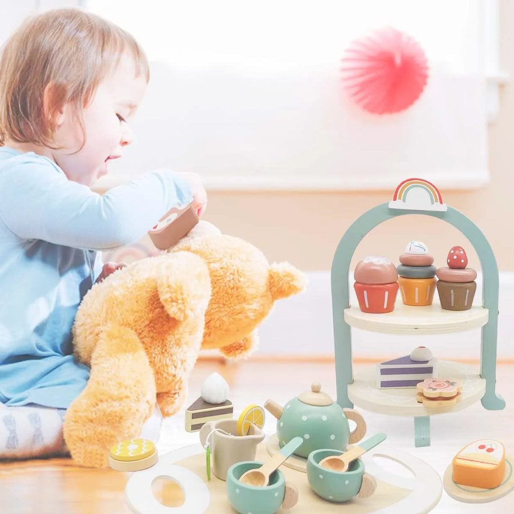 Wooden Tea Party Set with Cake Stand I876303