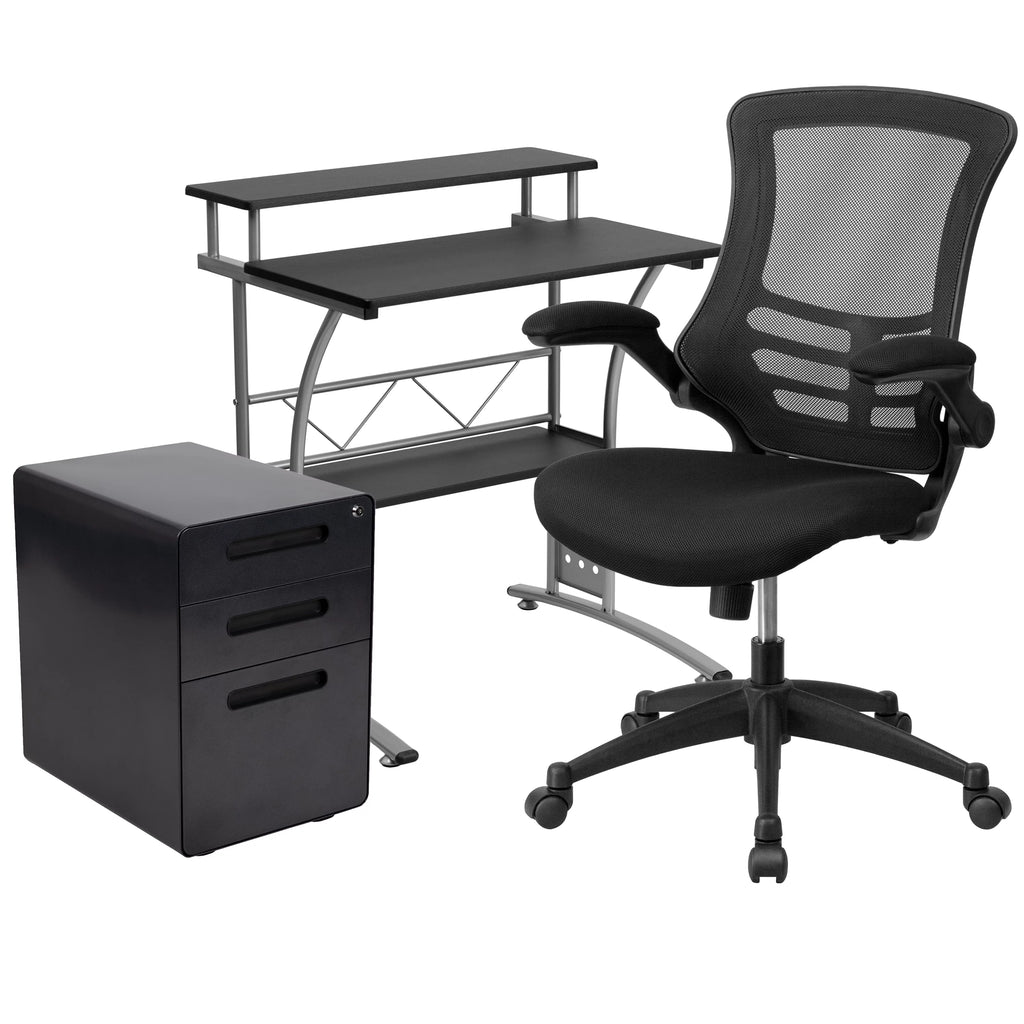 Black Computer Desk, Ergonomic Mesh Office Chair and Locking Mobile Filing Cabinet V88916