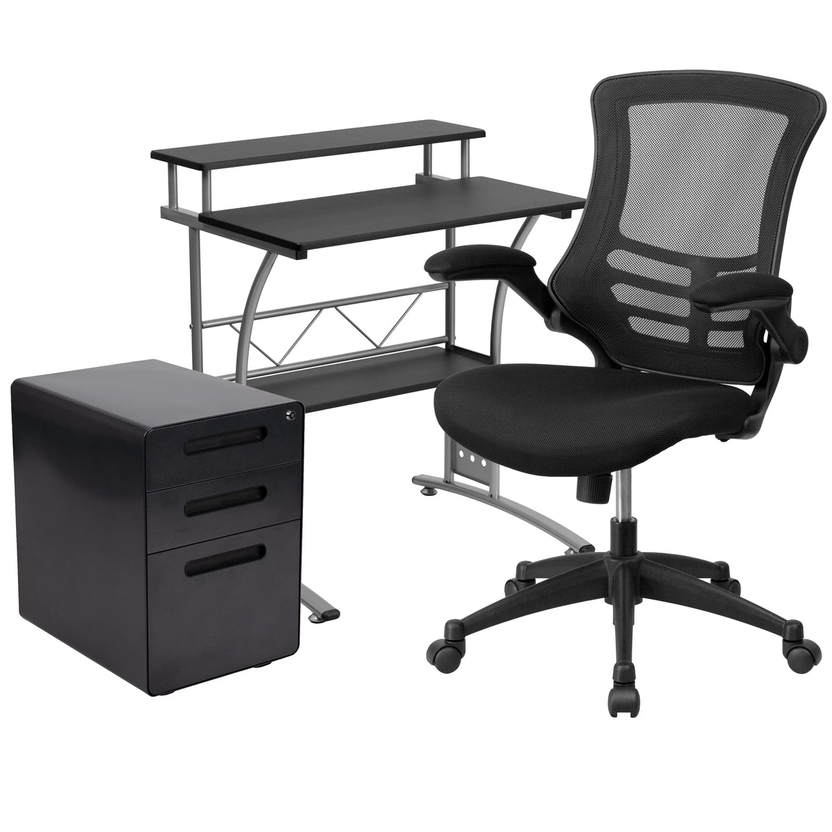 Black Computer Desk, Ergonomic Mesh Office Chair and Locking Mobile Filing Cabinet V88916