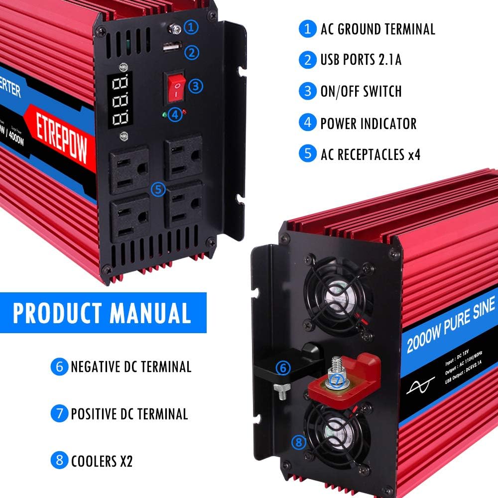 2000 Watt Pure Sine Wave Power Inverter 12V DC to 110V AC Wireless Remote Control M16466