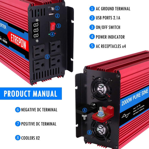2000 Watt Pure Sine Wave Power Inverter 12V DC to 110V AC Wireless Remote Control M16466