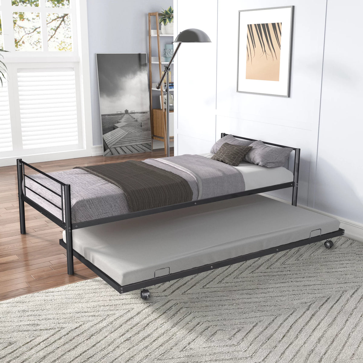 Twin over Twin Black Metal Bunk Bed with Trundle R40987