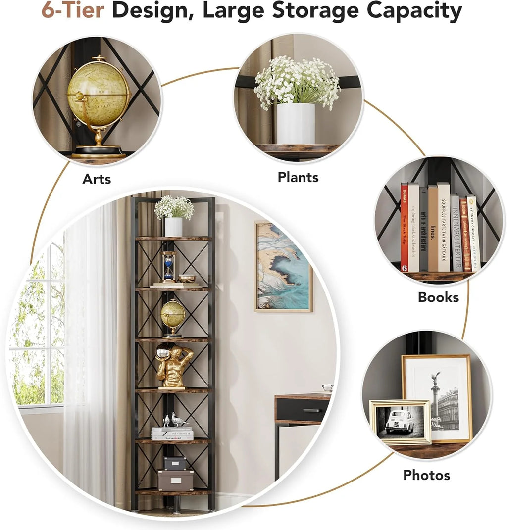 6 Tier Corner Shelf Rustic Corner Bookshelf Small Bookcase Corner Storage Rack Plant Stand Q323670