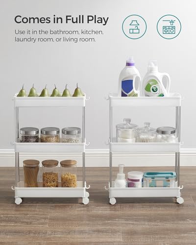 3-Tier Rolling Storage Cart with 6 Hooks, Steel Frame, Dove Gray W41427