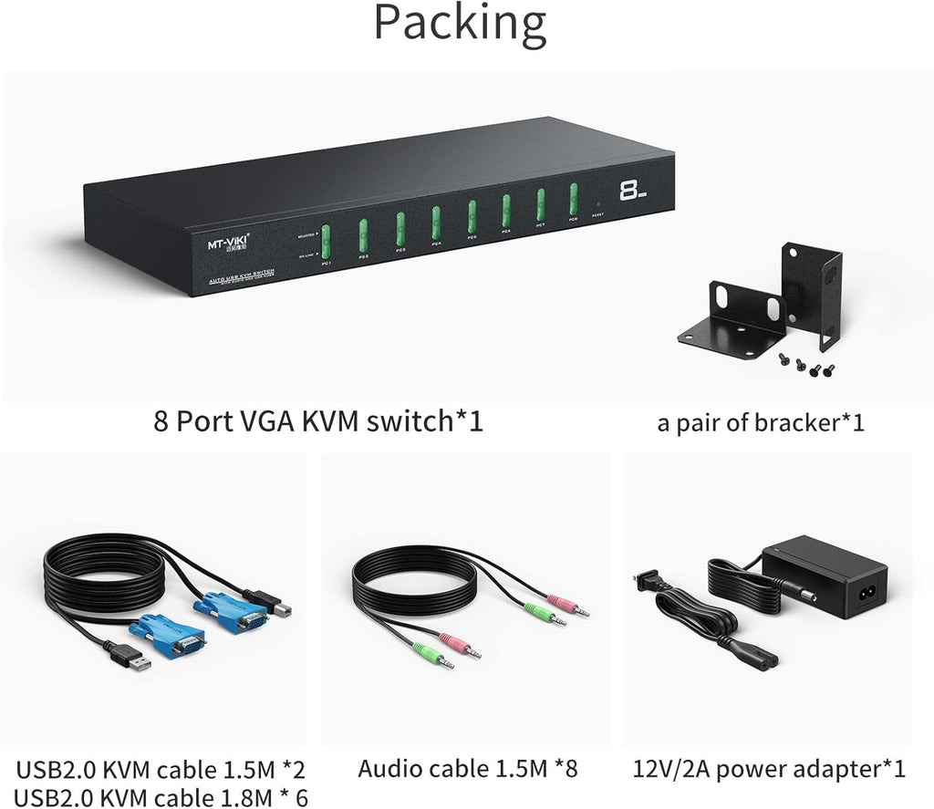 8 Port Rack Mount KVM Switch with Audio, 8 KVM Cables & 8 Audio Cables O89883