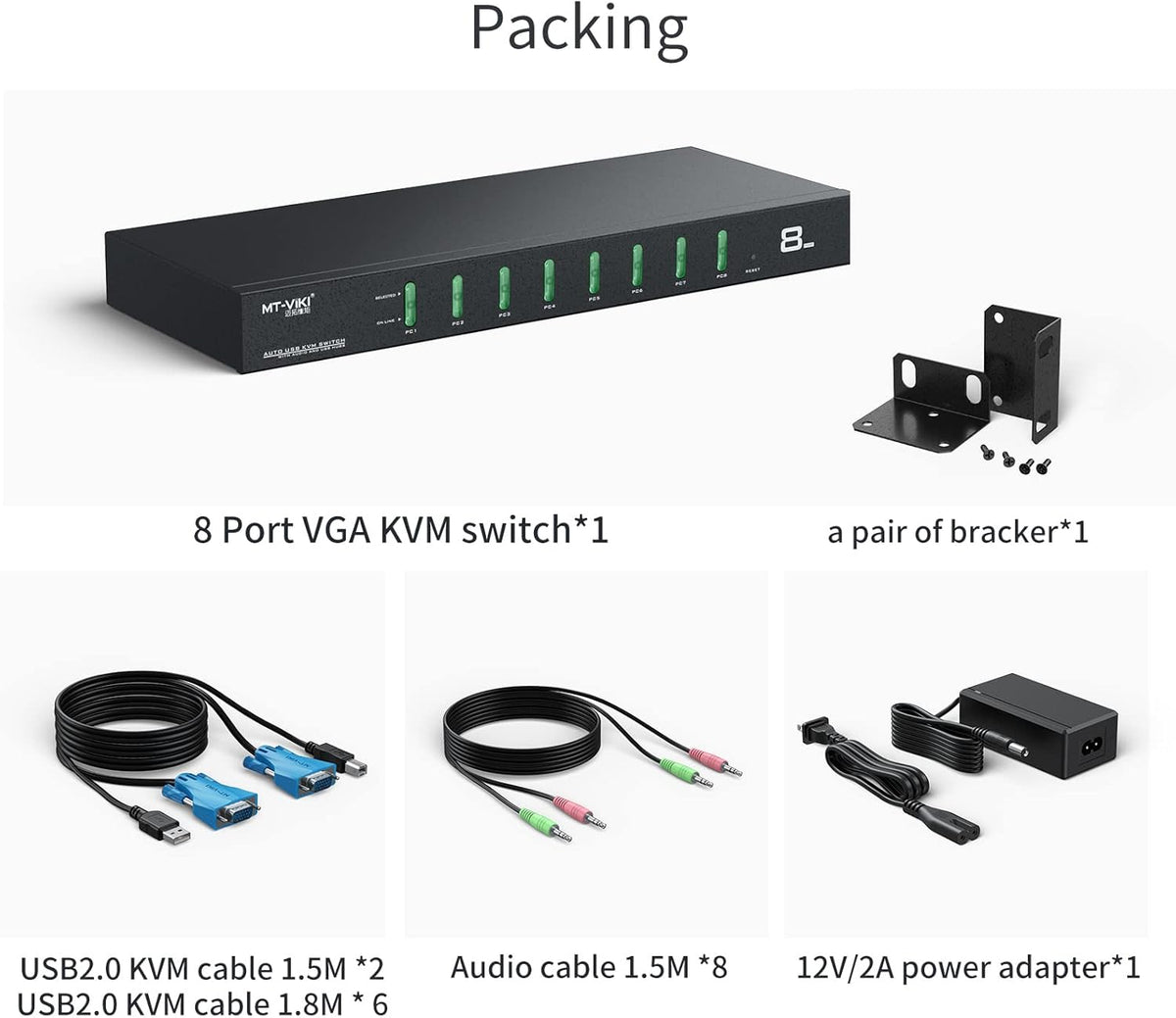 8 Port Rack Mount KVM Switch with Audio, 8 KVM Cables & 8 Audio Cables O89883