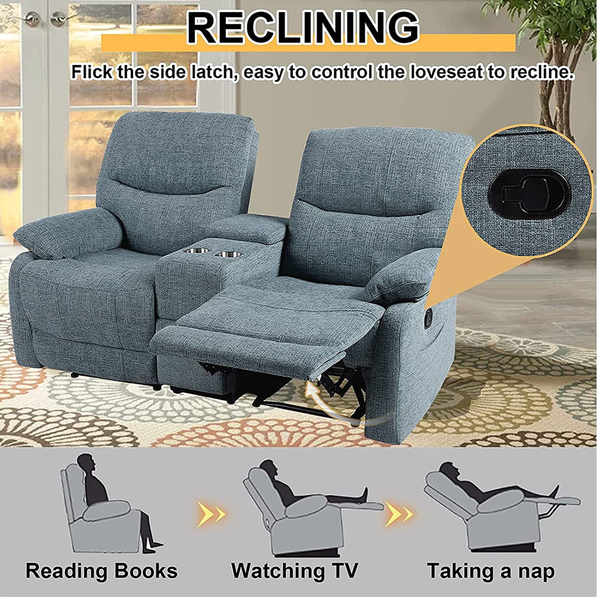 Fabric Reclining Sofa with Console and Cup Holders A357700
