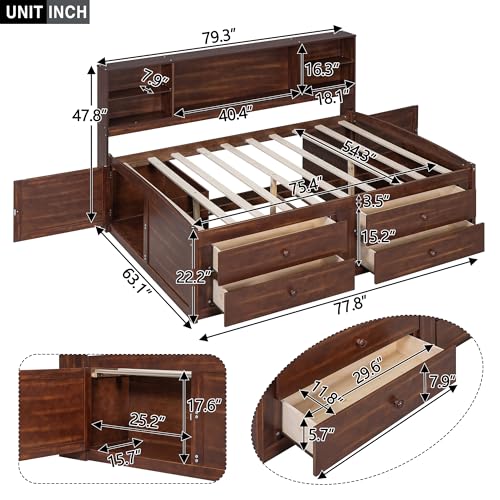 Full Size Wood Captain Bed with Storage Bookcase Drawers and Headboard R466