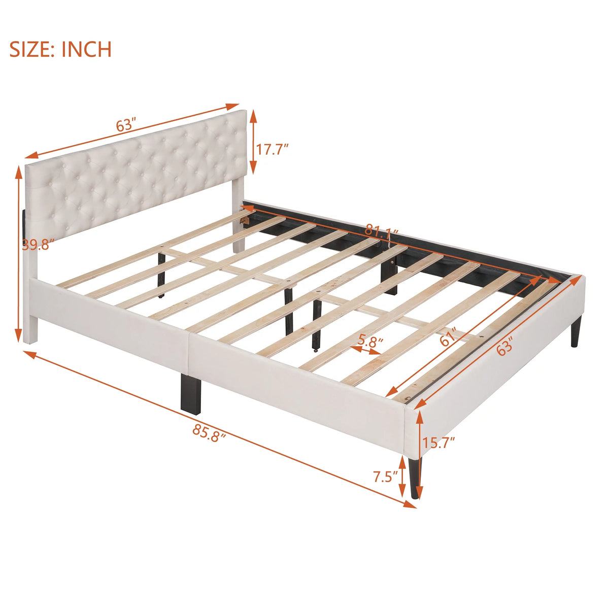 Beige Upholstered Fabric Queen Size Platform Bed Frame O543