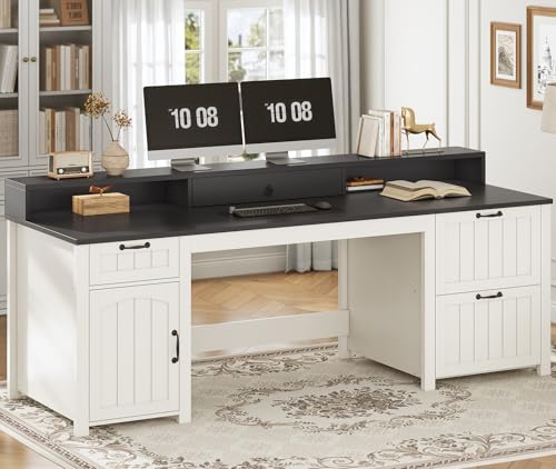 White 63" Wood Desk with File Drawer and Monitor Stand H89107
