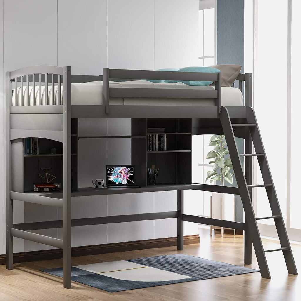 Twin Size Solid Wood Loft Bed with Desk and Storage Shelves T113788
