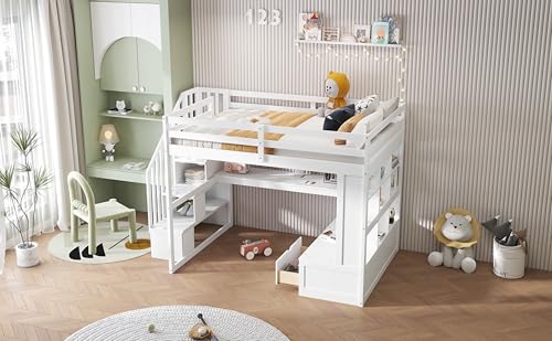 White Full Size Loft Bed with L-Shaped Desk, Wardrobe and Storage Shelves Q1931