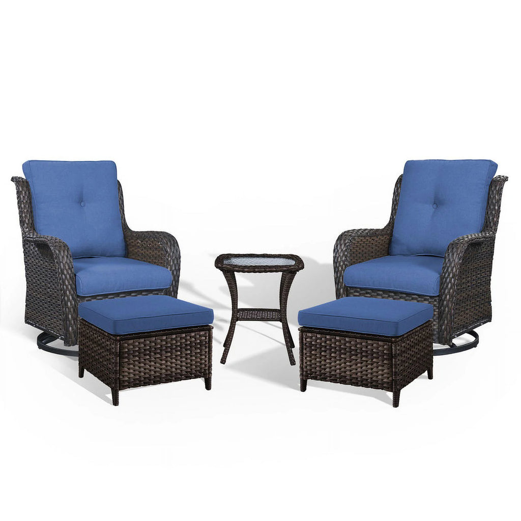 5-Piece Wicker Outdoor Conversation Set with Blue Cushions B7185