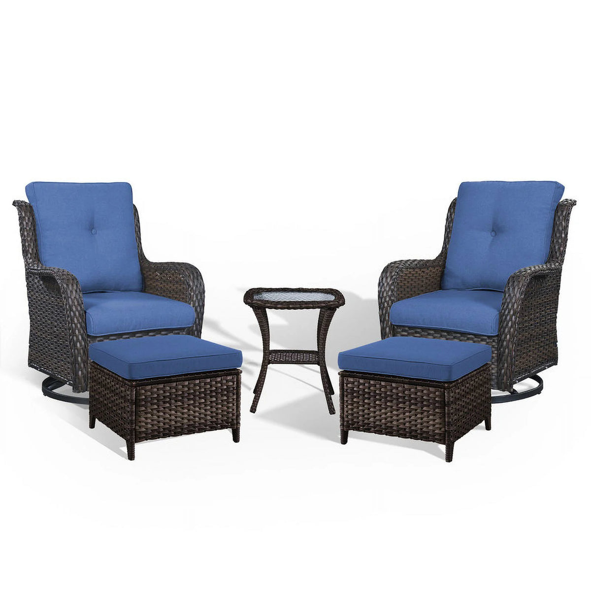 5-Piece Wicker Outdoor Conversation Set with Blue Cushions B7185