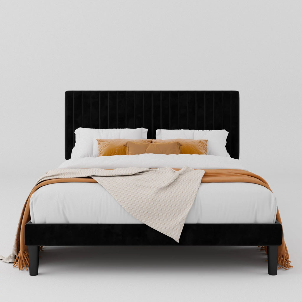Queen Size Black Velvet Upholstered Platform Bed Frame K1707