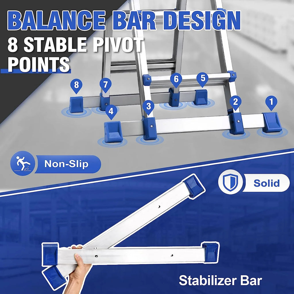 A Frame 4 Step Extension Ladder, 17 Ft Multi Position Ladder with Removable Tool Tray and Stabilizer Bar, 330 lbs Capacity Telescoping Ladder D333929