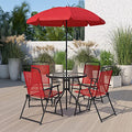 6-Piece Patio Dining Set with Glass Table, Folding Chairs, and Umbrella, Navy O4918