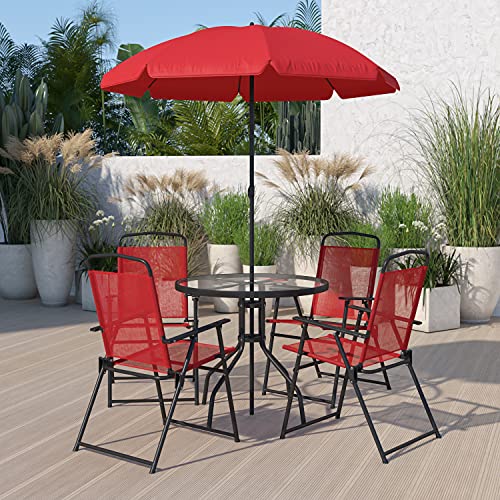 6-Piece Patio Dining Set with Glass Table, Folding Chairs, and Umbrella, Navy O4918