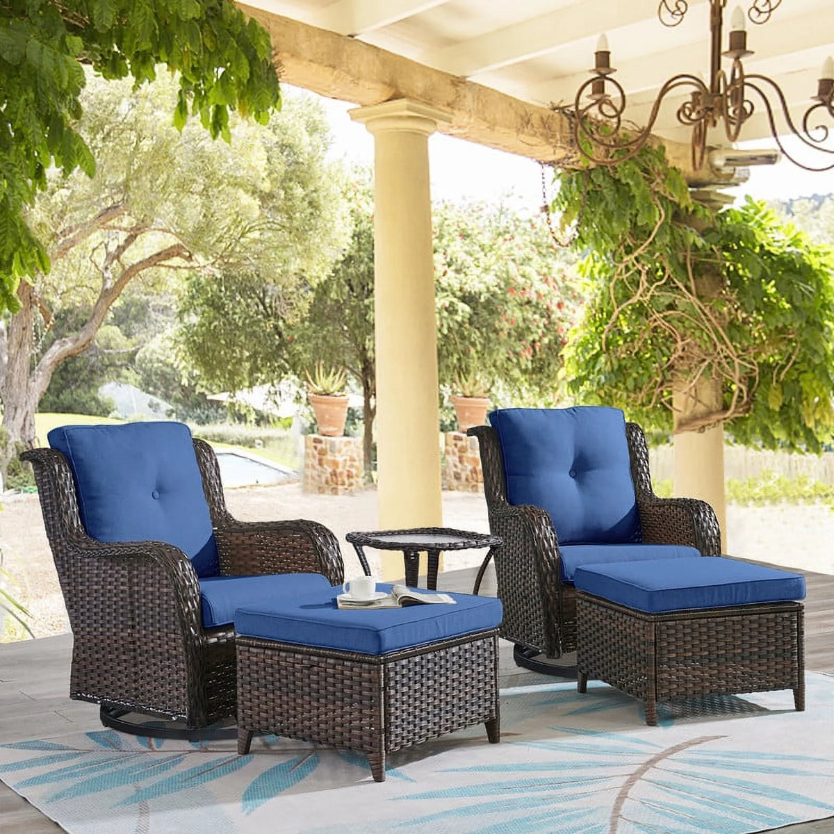 5-Piece Wicker Outdoor Conversation Set with Blue Cushions B7185