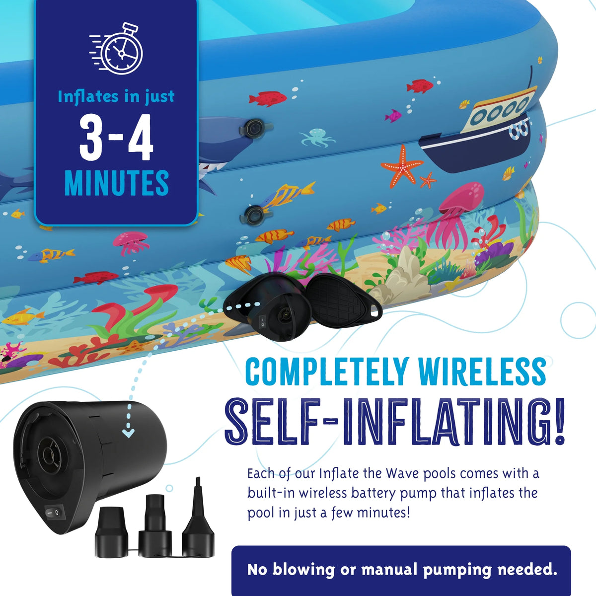 Inflatable Swimming Pool with Built-in Air Pump, Blue Large I12940