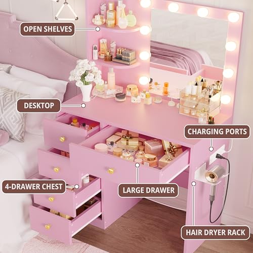 White Vanity Desk with Mirror and Lights, 5 Drawers, and Stool H68551
