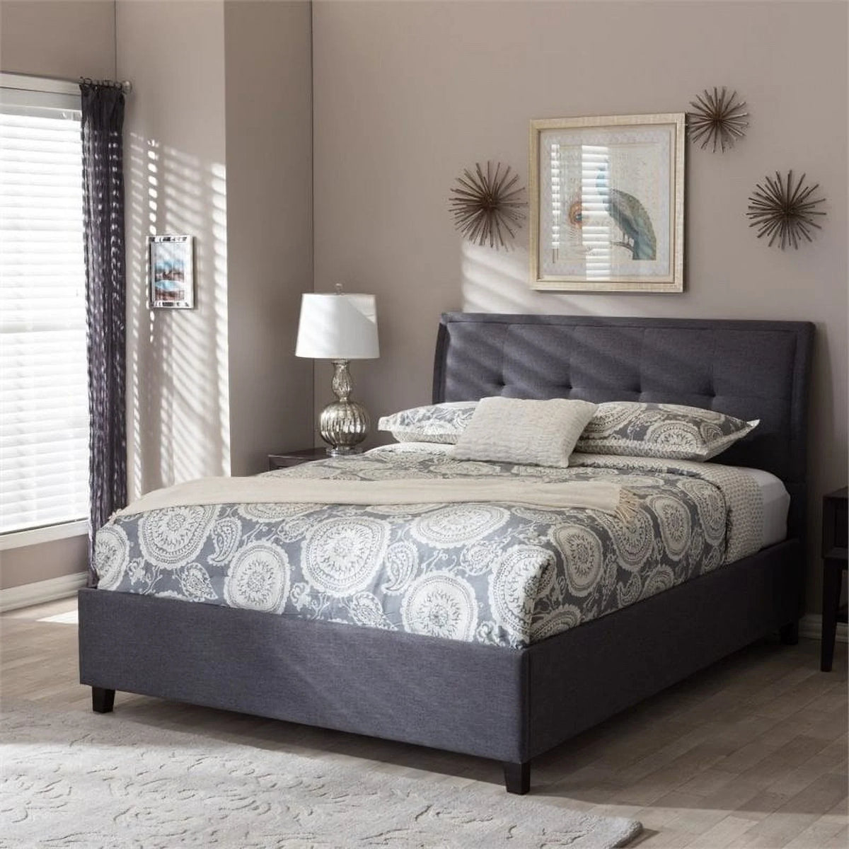 Modern Upholstered Fabric Queen Platform Bed in Dark Gray S841