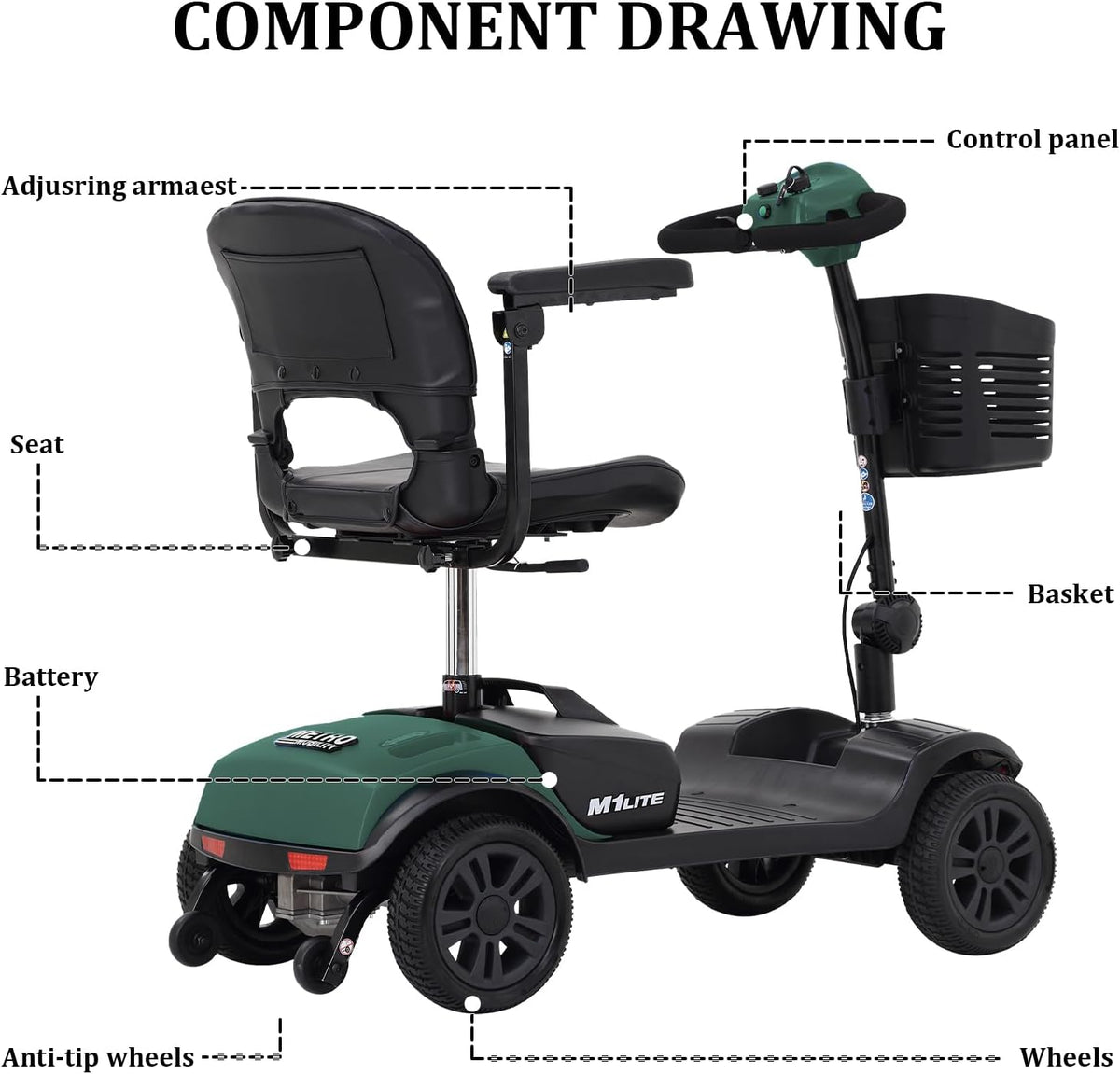 Green 4 Wheel Folding Electric Mobility Scooter with Seat V194