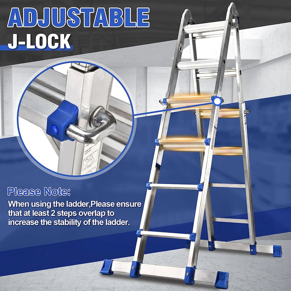 A Frame 4 Step Extension Ladder, 17 Ft Multi Position Ladder with Removable Tool Tray and Stabilizer Bar, 330 lbs Capacity Telescoping Ladder D333929