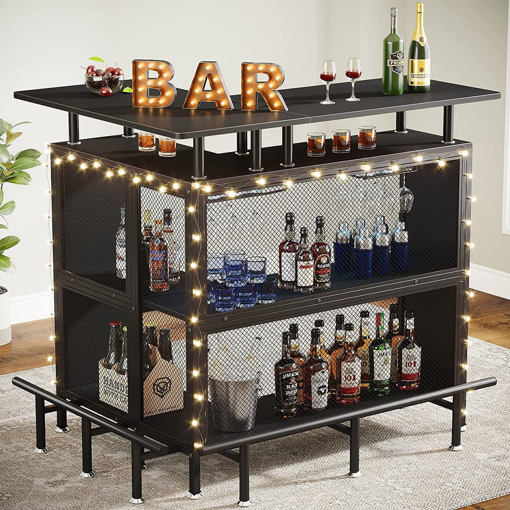 Black L-shape Liquor Bar Table with 2-Tier Storage A88796