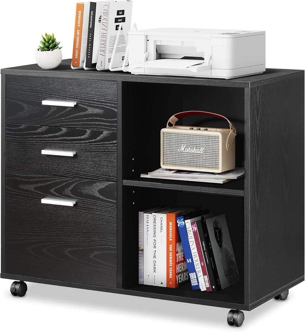 3 Drawer Wood File Cabinet with Open Storage Shelves, Gray Oak Z261238