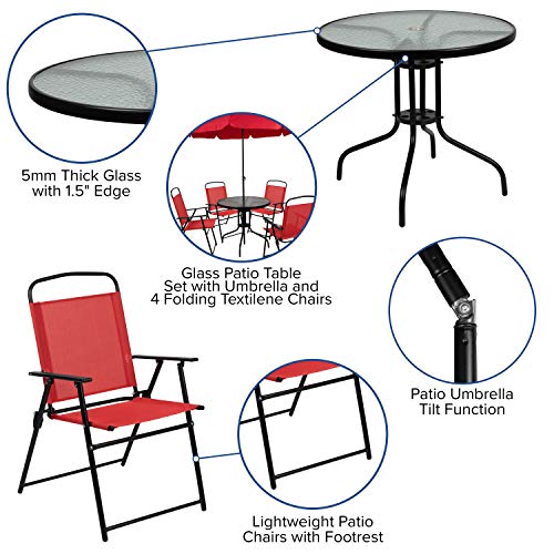 6-Piece Patio Dining Set with Glass Table, Folding Chairs, and Umbrella, Navy O4918