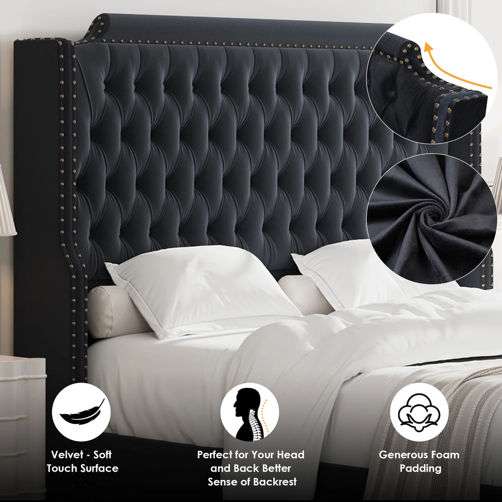Queen Size Off-white Velvet Upholstered Bed Frame with Headboard and Footboard E4387