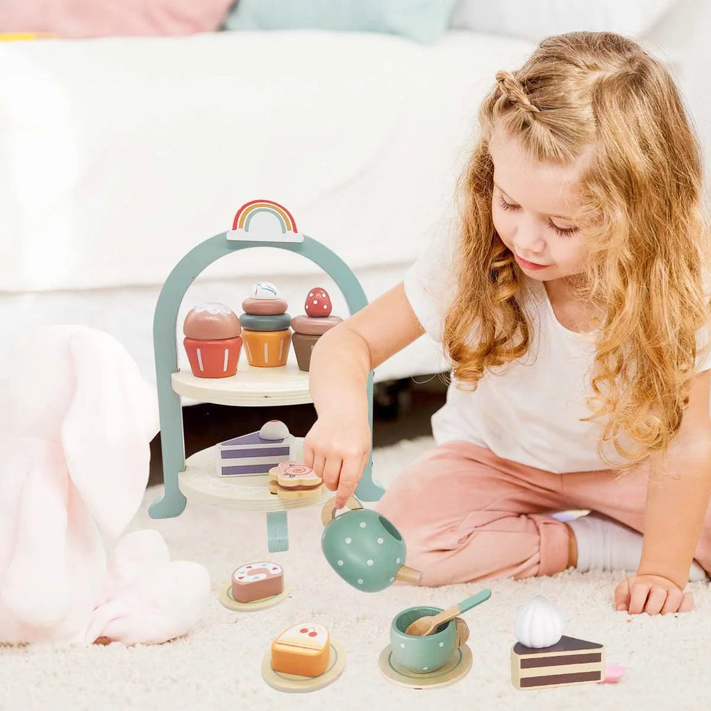 Wooden Tea Party Set with Cake Stand I876303
