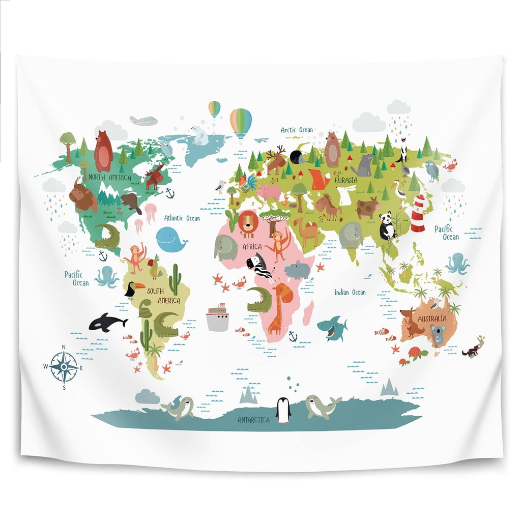 Animals World Map Wall Tapestry C23655