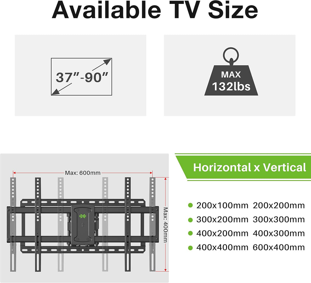 Full Motion TV Wall Mount for 37"-90" TVs, VESA 600x400mm, 132lbs H4342