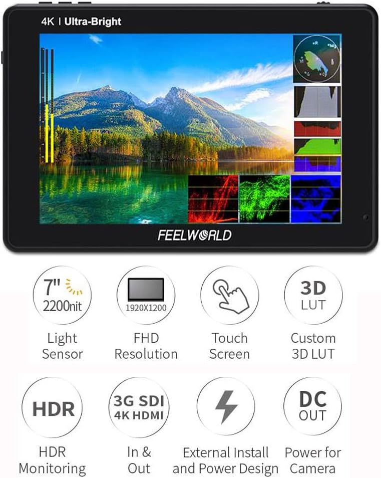 7 Inch 2200nits Touch Screen HDR Camera Field Monitor with F970 External Power and Install Kit R29122