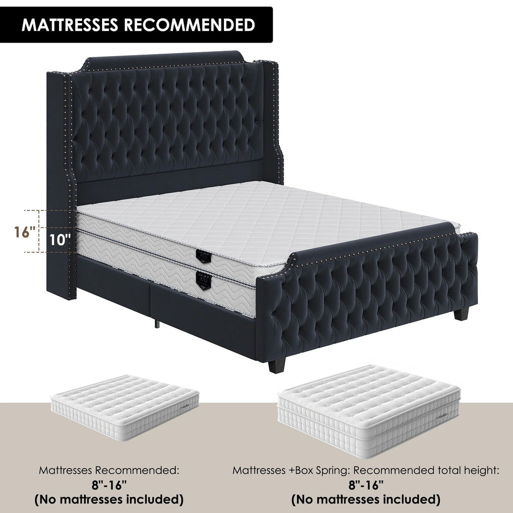 Queen Size Off-white Velvet Upholstered Bed Frame with Headboard and Footboard E4387