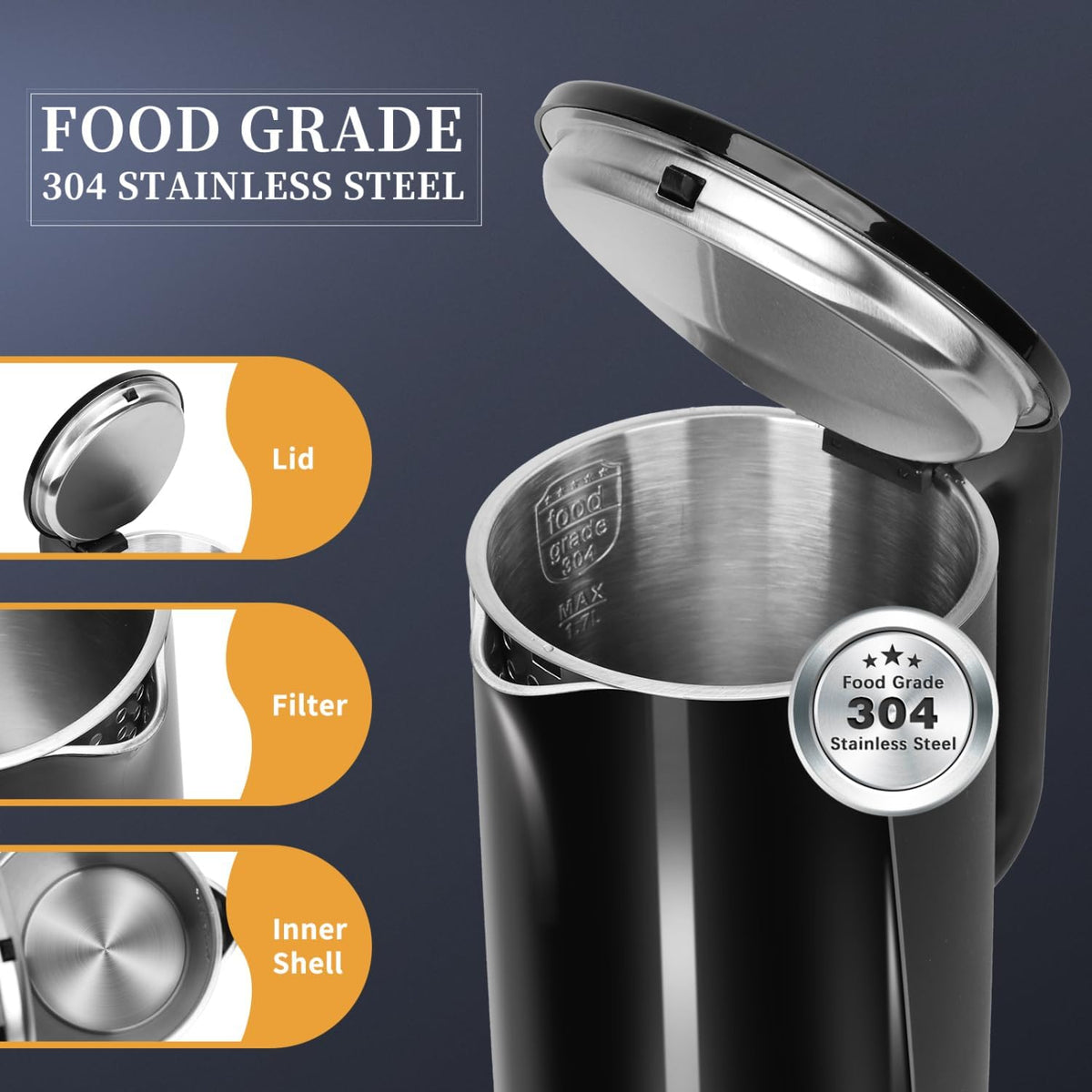 1.7 Liter Electric Kettle with High Borosilicate Glass and 304 Stainless Steel Interior R366