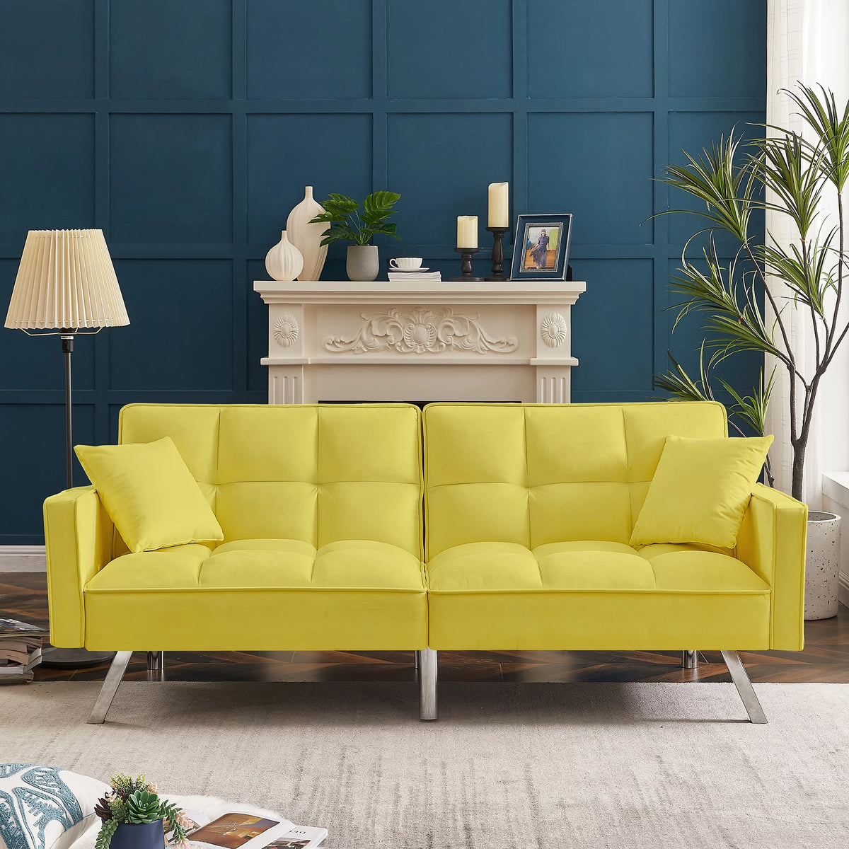 Yellow Velvet Sofa Bed with Two Pillows B90837