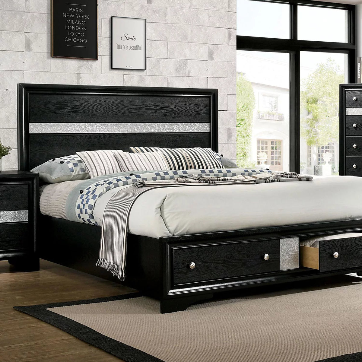 Black Solid Wood Queen Bedroom Set 6pcs O4401
