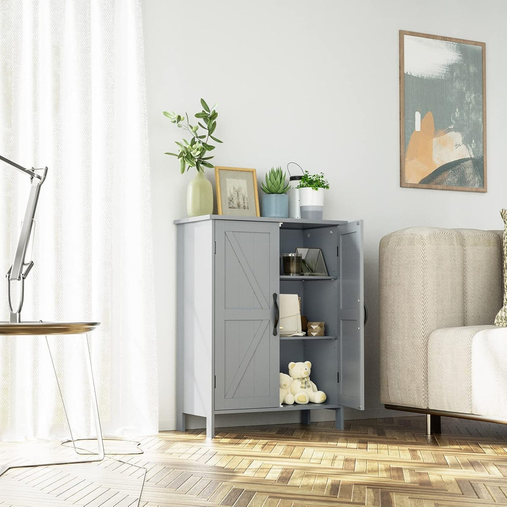 Gray Wooden Bathroom Floor Storage Cabinet with 2 Doors & Adjustable Shelves R597
